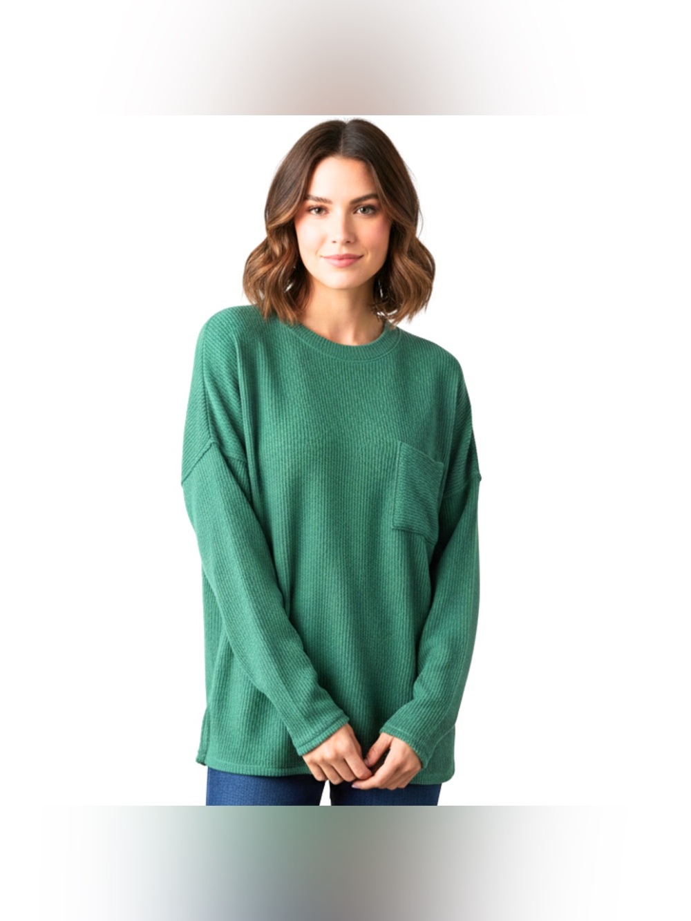 Zenana Women’s Green Ribbed Knit Pullover Top Size M Pocket Casual Oversized